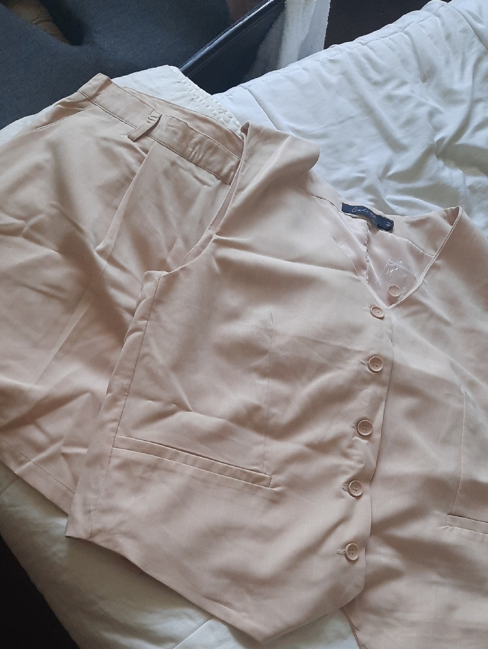 Beige Button Front Vest and Matching Shorts Set